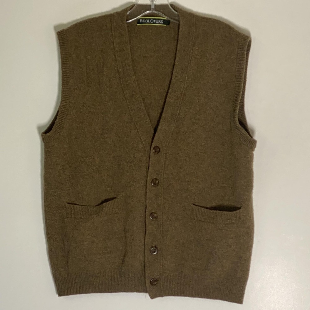 WoolOvers Sweater Vest Mens Large Brown Wool Button Front V Neck Pockets Knit